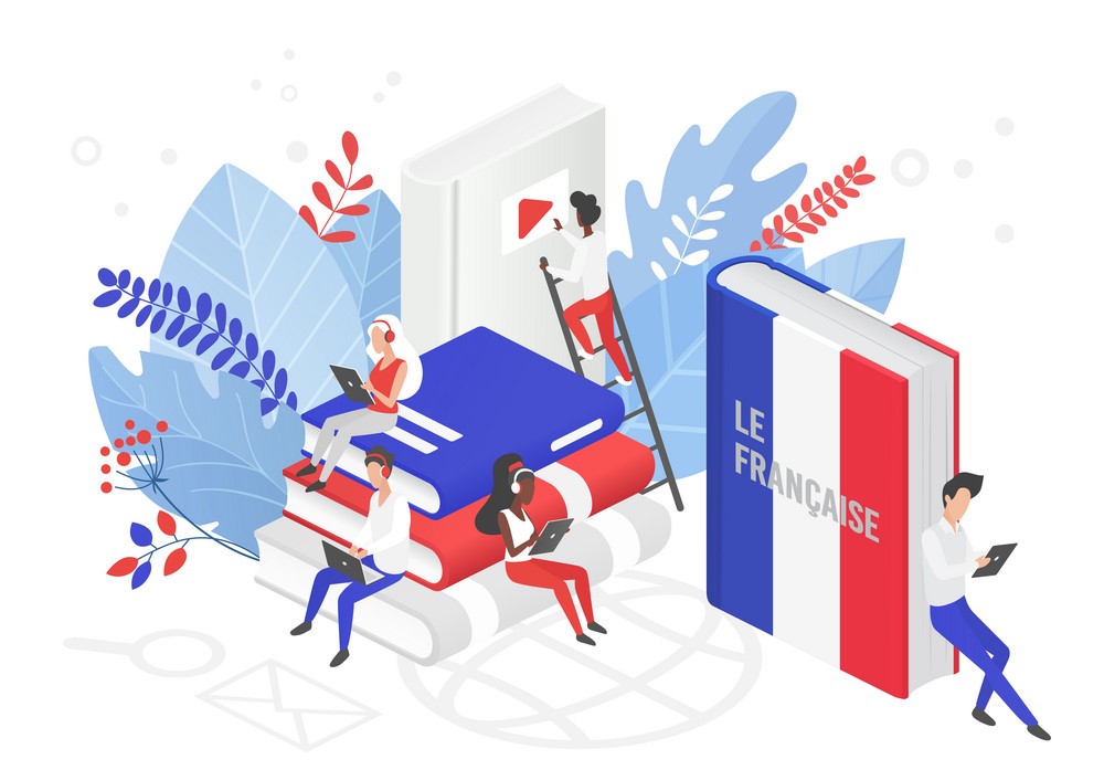 Online French language courses isometric 3d vector illustration. Distance education, remote school, France university. Students reading books Internet class, e learning language school isolated