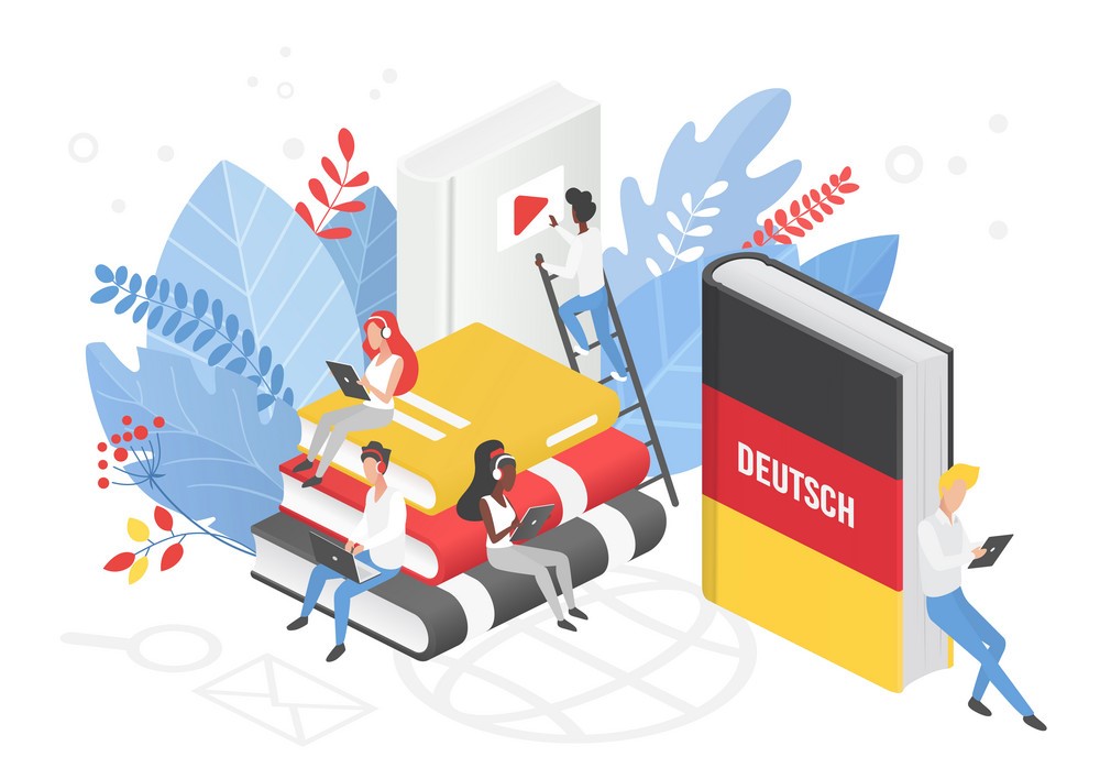 Online language courses isometric vector illustration. German language Internet class, e learning isolated. Distance education, Germany remote school, university lessons